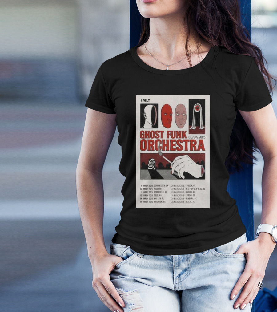 FMLY Ghost Funk Orchestra EU UK 2025 Tour Poster With Faces And Hand Symbol March Dates T-Shirt