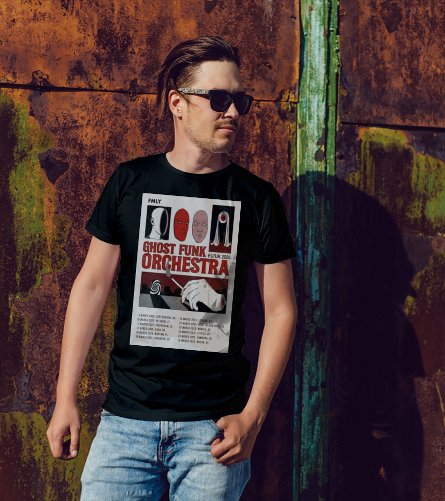 FMLY Ghost Funk Orchestra EU UK 2025 Tour Poster With Faces And Hand Symbol March Dates T-Shirt