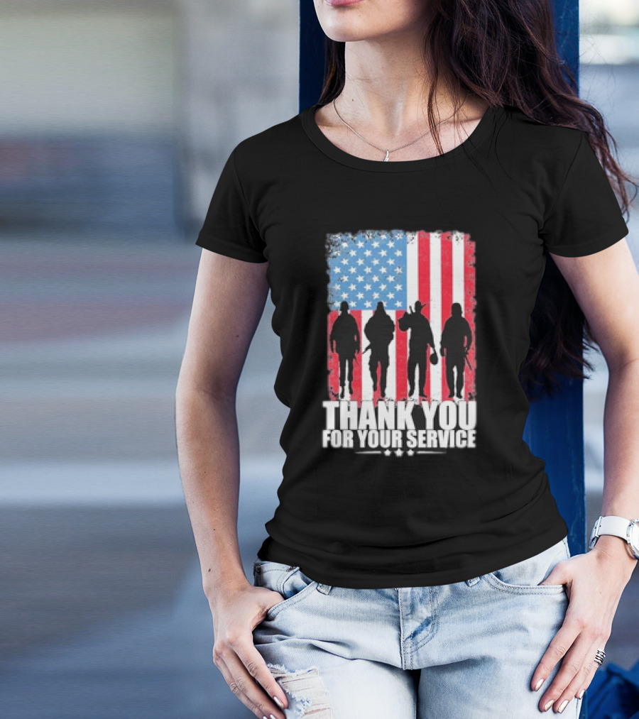 Thank You For Your Service American Flag Soldier Silhouettes Veteran Day T-Shirt