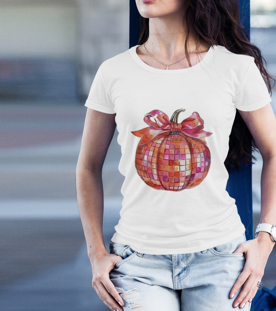 Retro Coquette Mosaic Bow Pumpkin T-Shirt