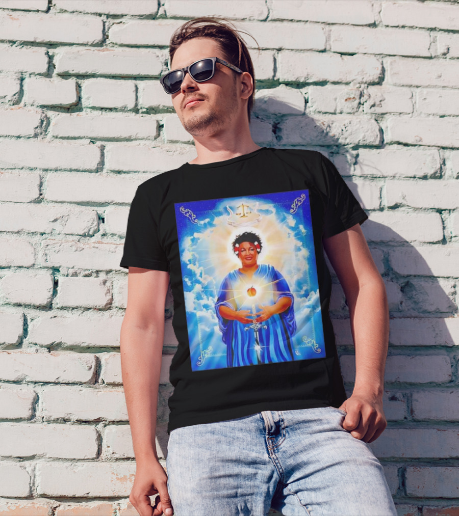 Stacey Abrams Patron Saint Of Fairness In Voting With Scales Of Justice Halo And Glowing Apple In Celestial Clouds T-Shirt