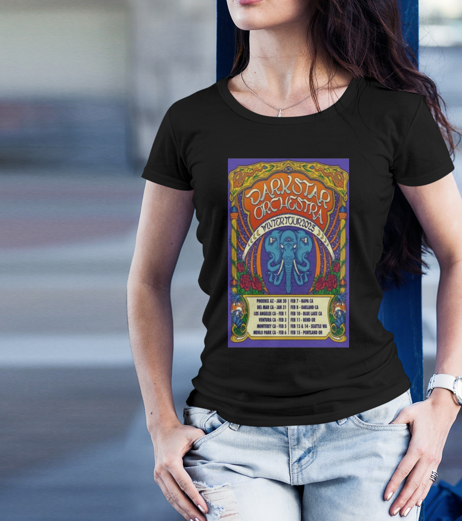 Dark Star Orchestra Winter Tour 2025 Psychedelic Elephant And Roses With Tour Dates In U.S. Cities T-Shirt