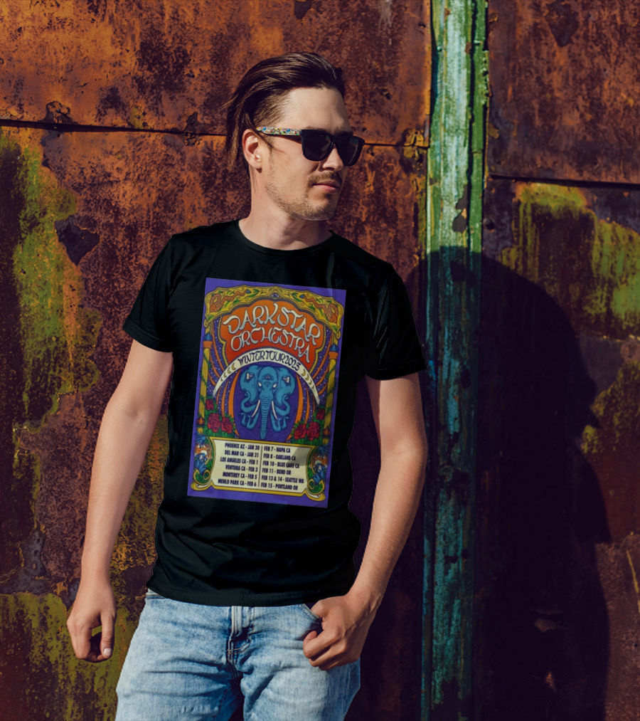 Dark Star Orchestra Winter Tour 2025 Psychedelic Elephant And Roses With Tour Dates In U.S. Cities T-Shirt