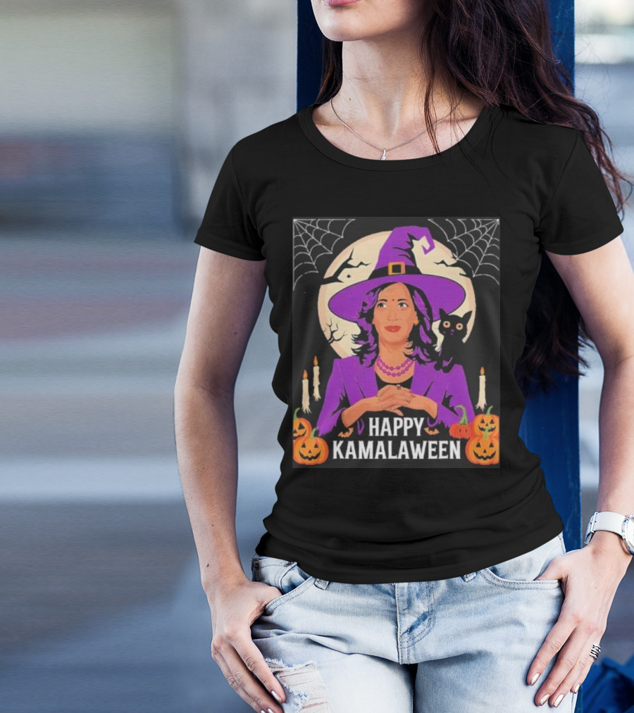 Happy Kamalaween Kamala Harris Witchy Cat Purple Hat Candles Pumpkins T-Shirt