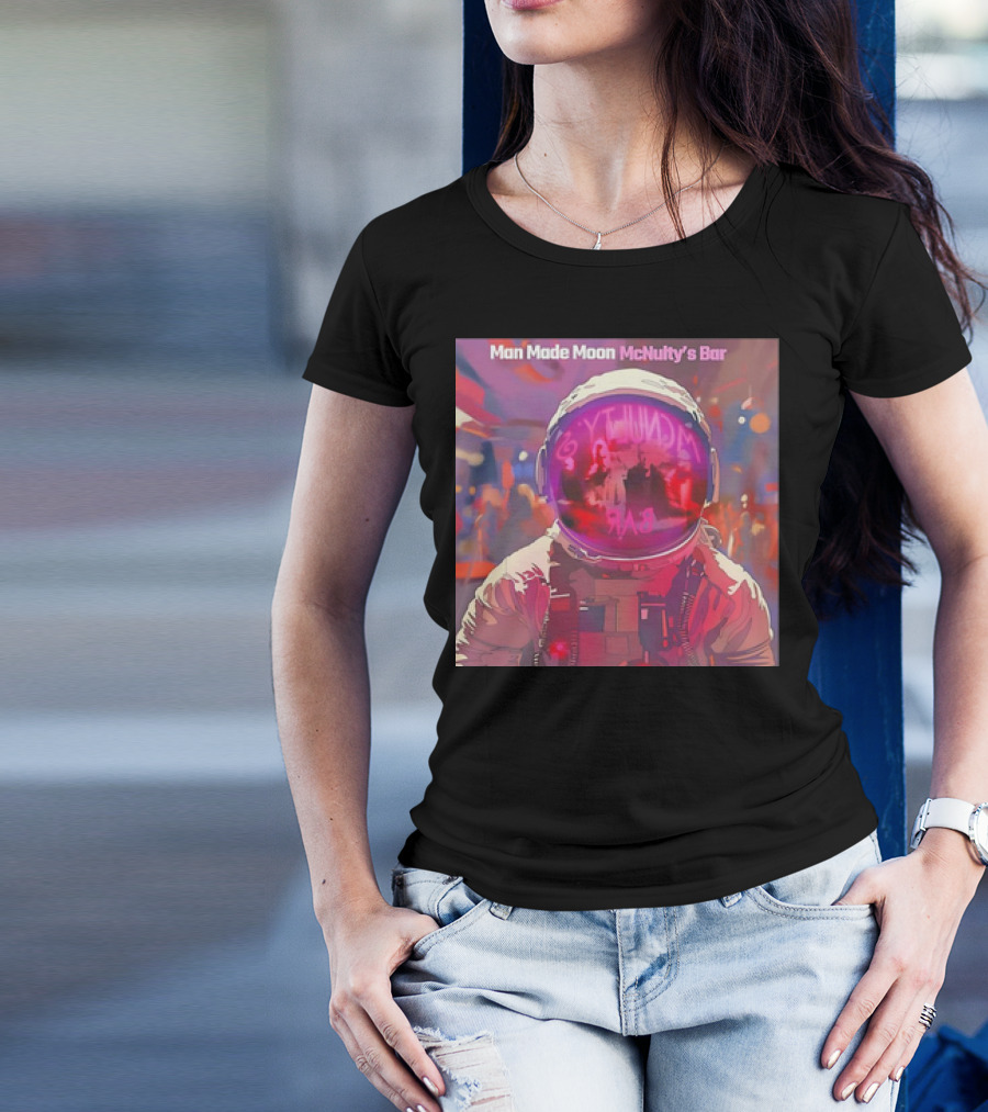 Man Made Moon Astronaut At McNulty's Bar Neon Reflection T-Shirt