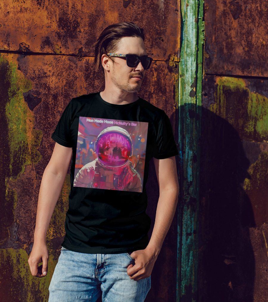 Man Made Moon Astronaut At McNulty's Bar Neon Reflection T-Shirt