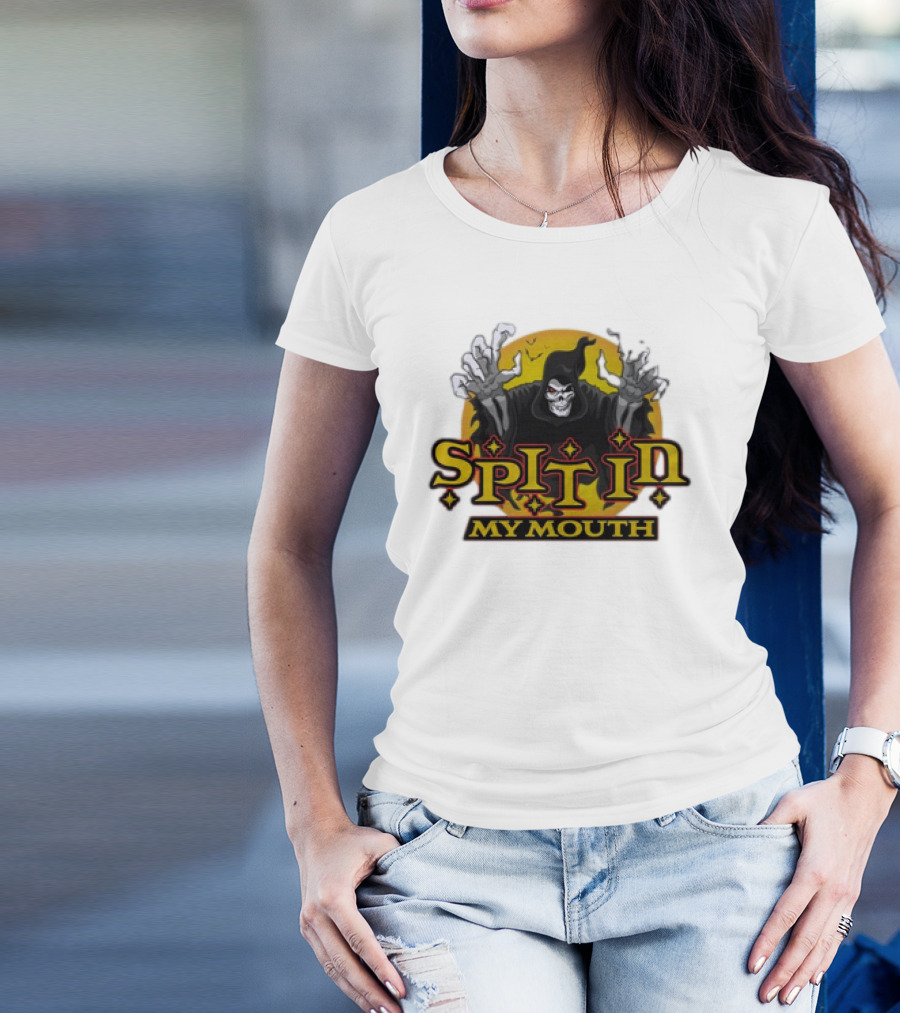 Spit In My Mouth Halloween Grim Reaper Skeleton Cloak Hands Raised T-Shirt
