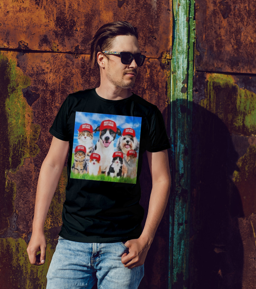 Six Cats And Dogs Wearing Red Make Pets Safe Again Hats On Green Grass T-Shirt