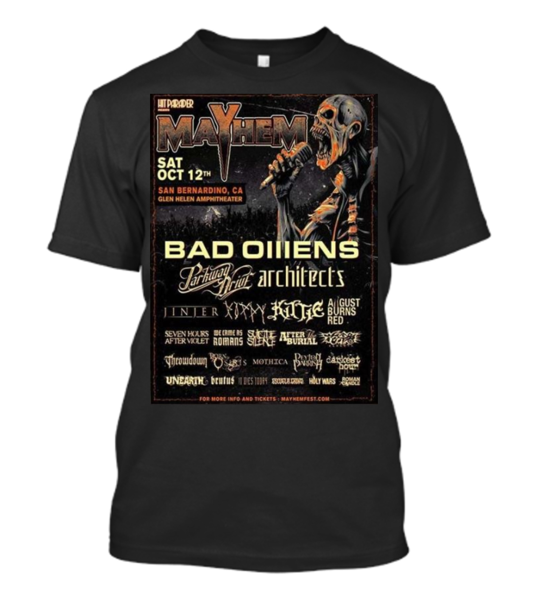 Mayhem Fest 2024 Featuring Bad Omens, Parkway Drive, Architects On October 12th At Glen Helen Amphitheater San Bernardino CA T-Shirt