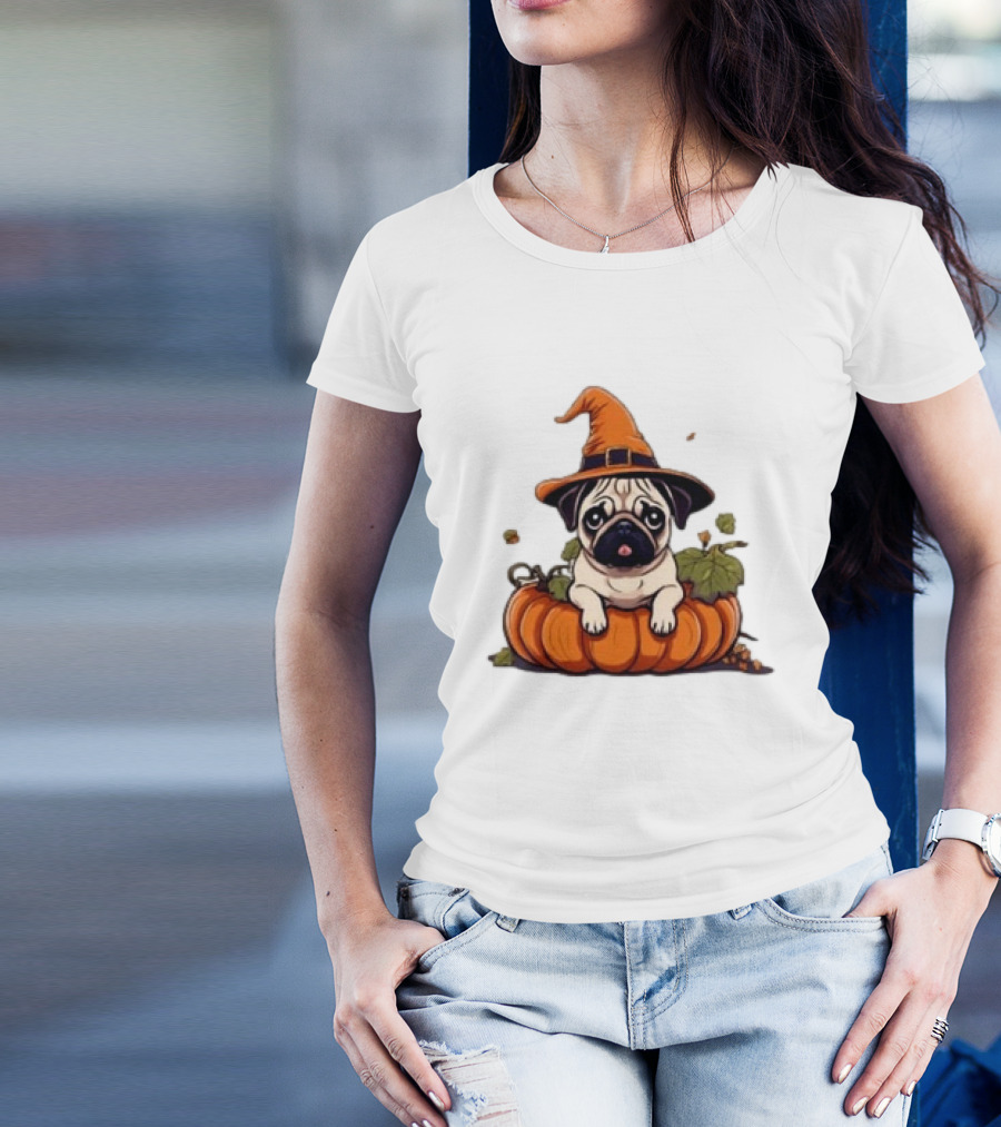 Halloween Pug In Orange Witch Hat With Pumpkin T-Shirt