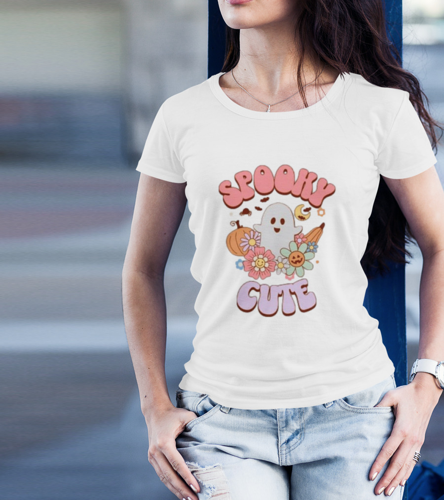 Spooky Cute Ghost With Pumpkins Flowers And Crescent Moon T-Shirt