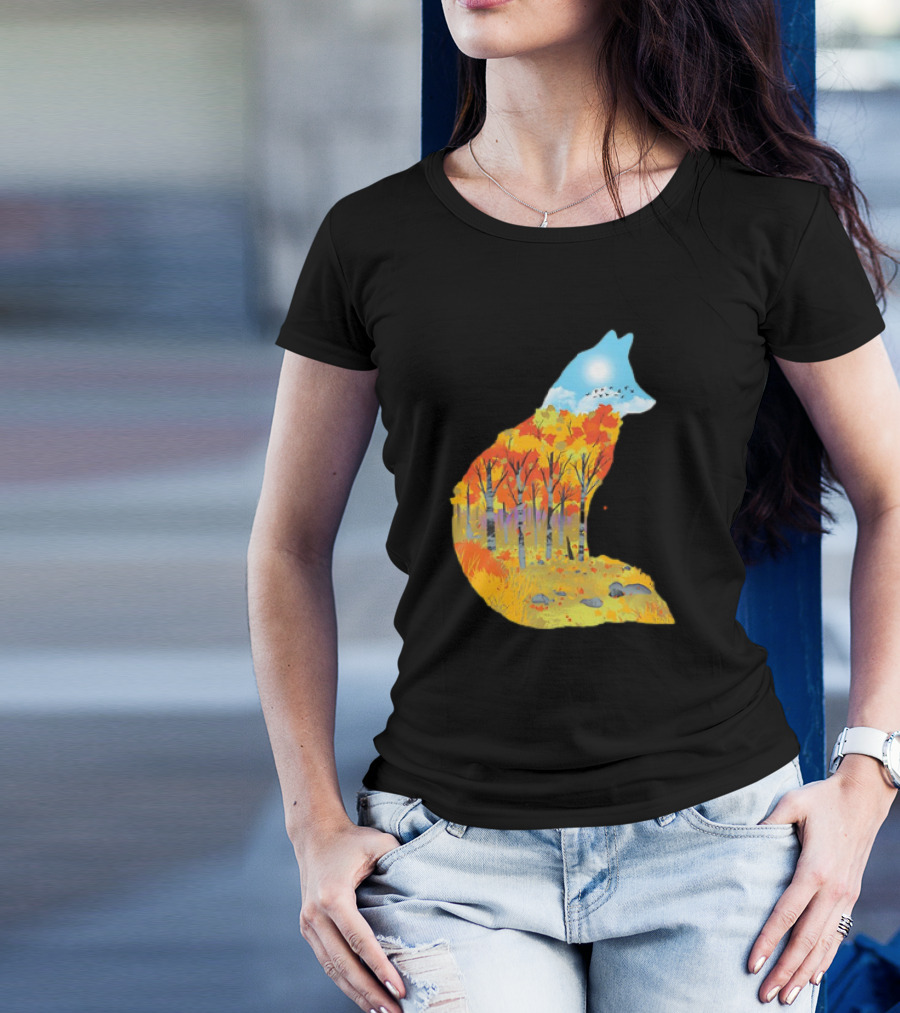 Fox Autumn Forest Landscape With Sun And Birds - I Am The Forest II T-Shirt