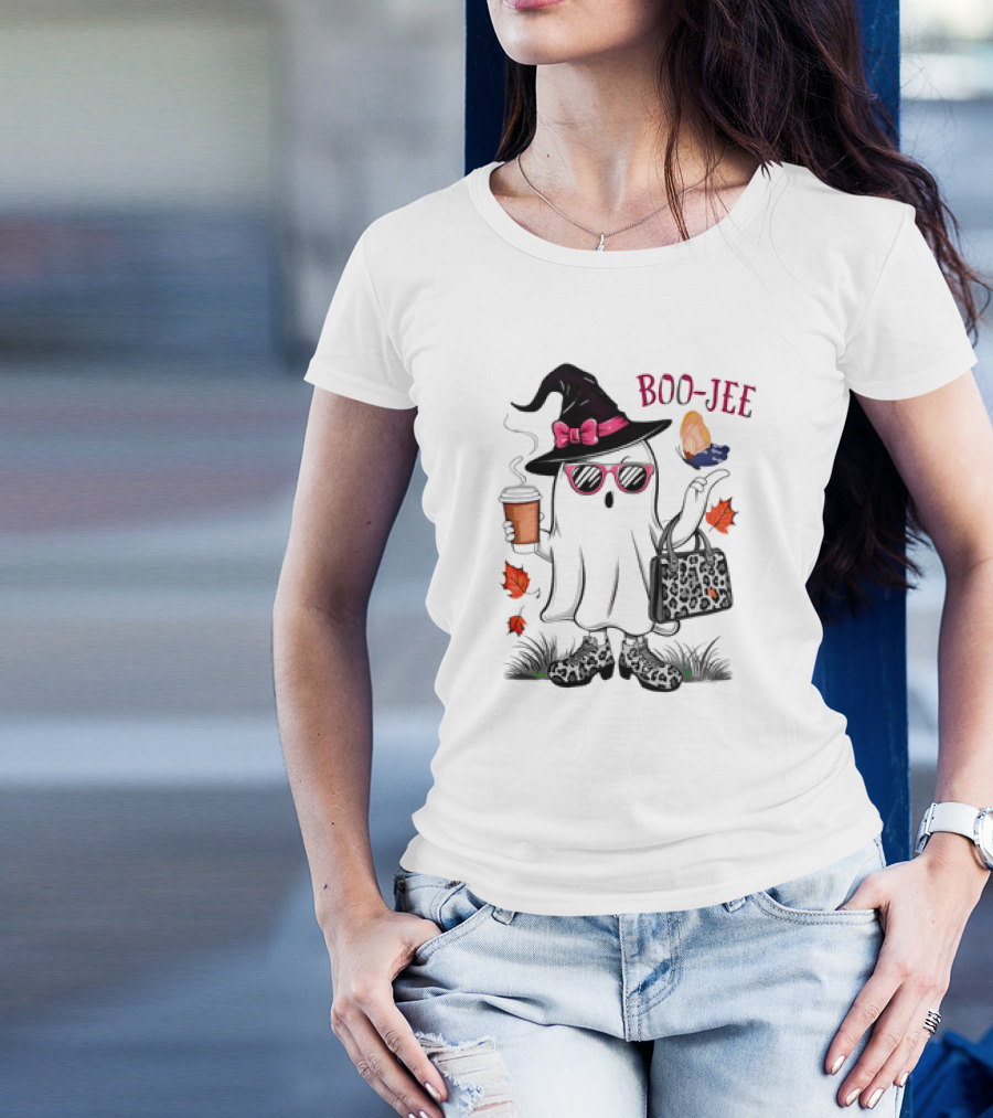 Boo Jee Leopard Ghost Fall Vibes With Hat And Coffee T-Shirt