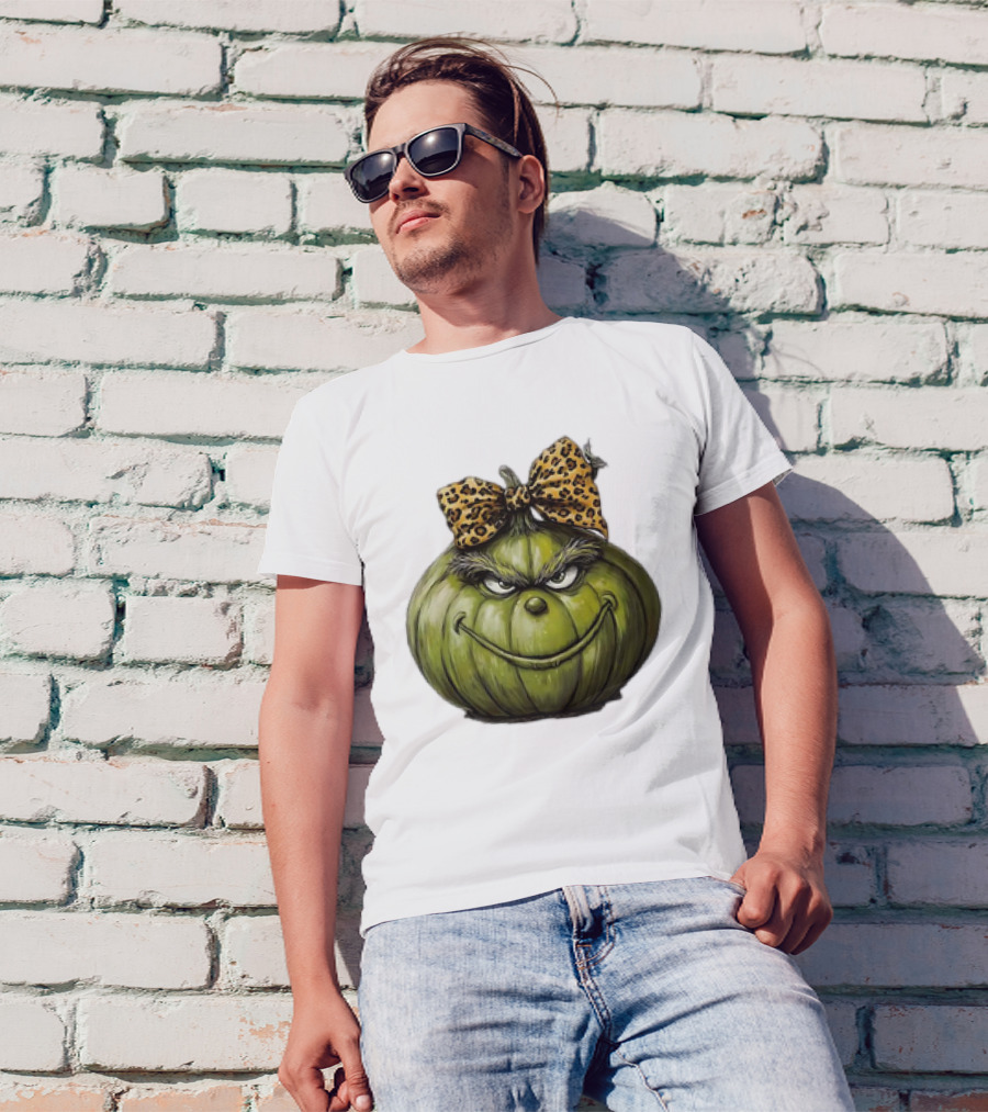 Retro Vintage Leopard Bow Grinch Pumpkin T-Shirt