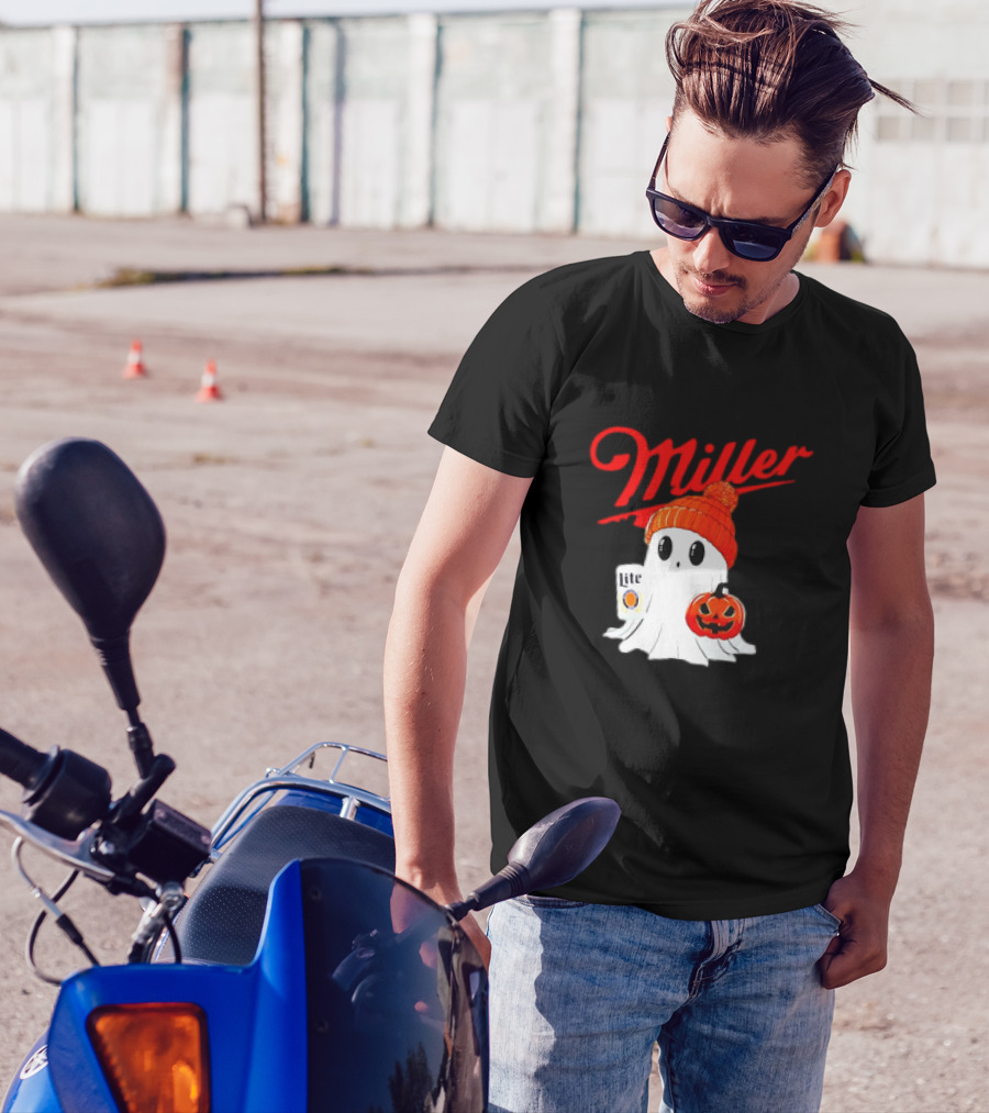 Miller Lite Halloween Ghost Pumpkin Beanie T-Shirt