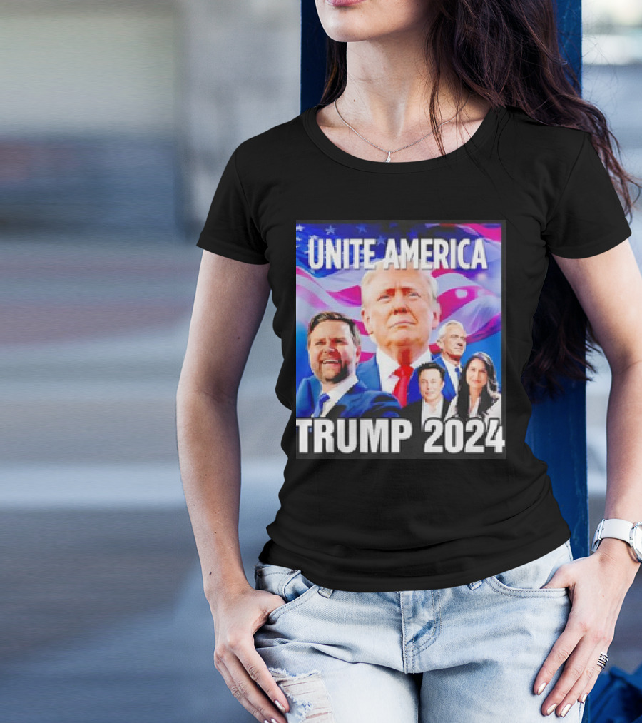 Unite America Trump 2024 Campaign Image With Prominent Figures And American Flag T-Shirt