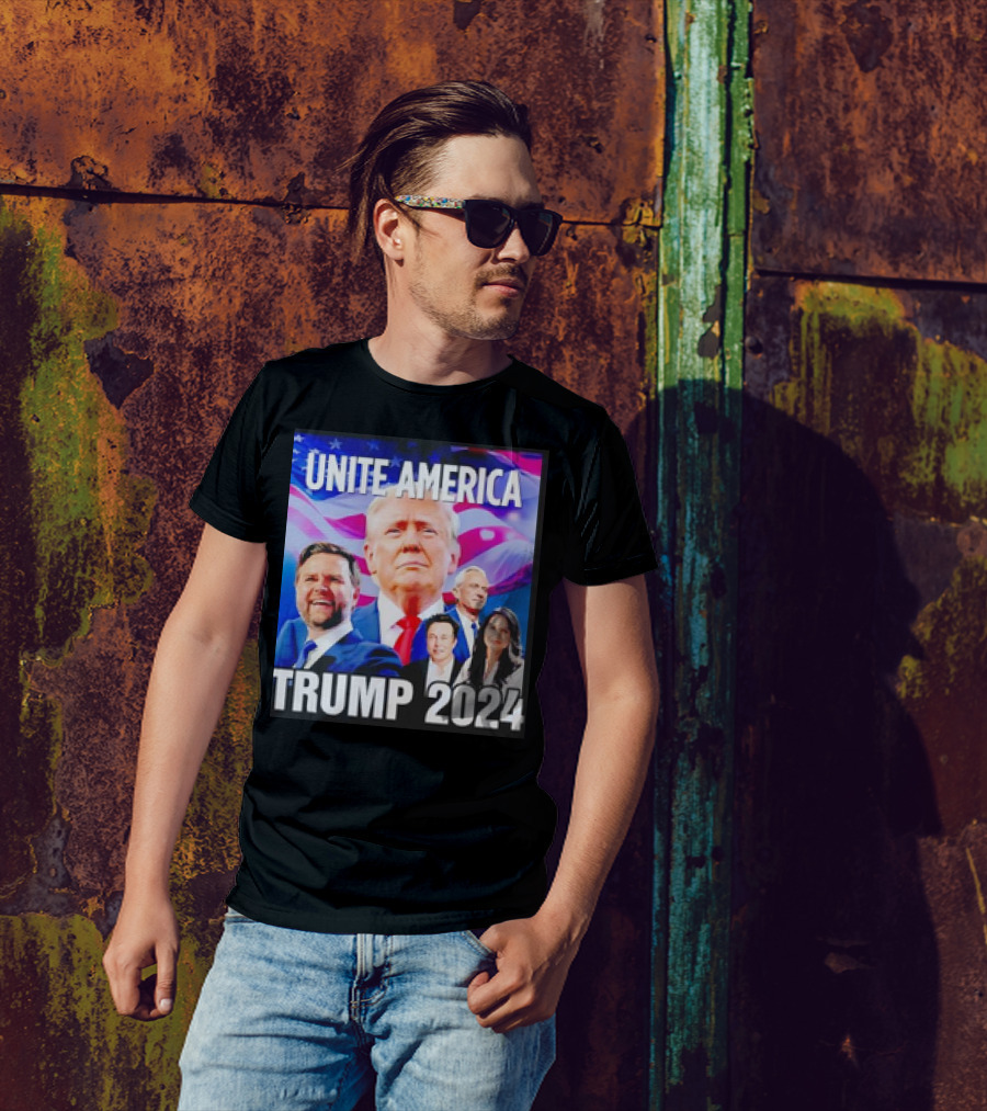 Unite America Trump 2024 Campaign Image With Prominent Figures And American Flag T-Shirt