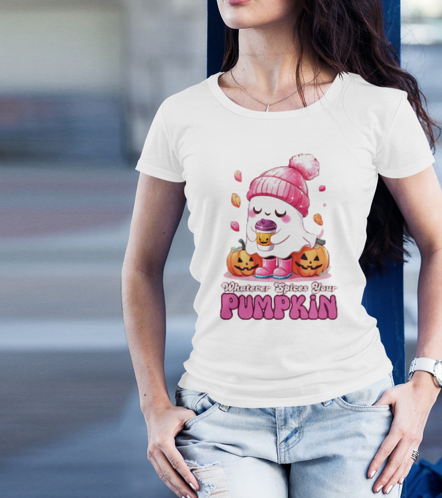 Ghost In Pink Beanie With Coffee And Pumpkins Whatever Spices Your Pumpkin T-Shirt