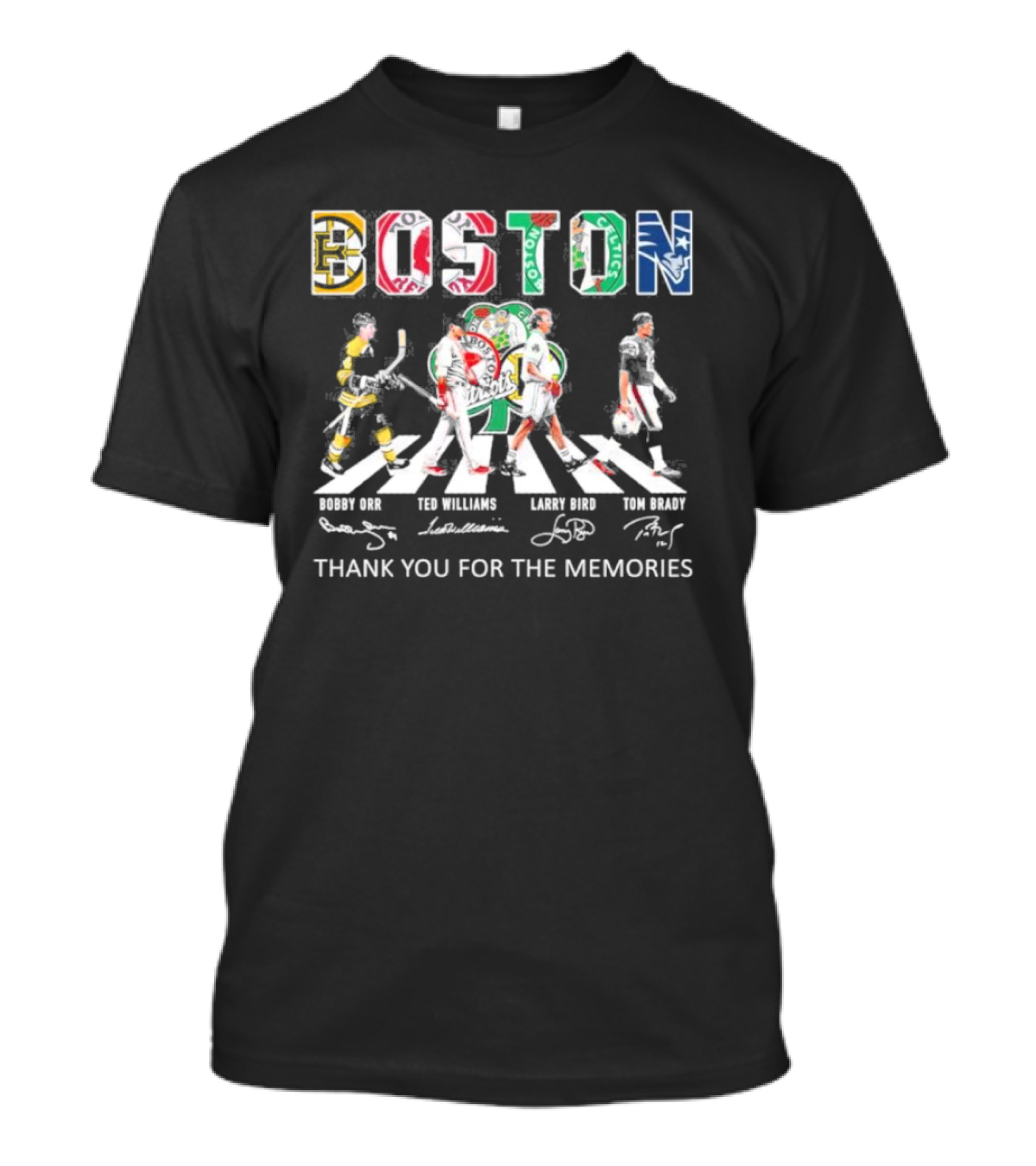 Boston Legends Bobby Orr Ted Williams Larry Bird Tom Brady Abbey Road Thank You For The Memories T-Shirt