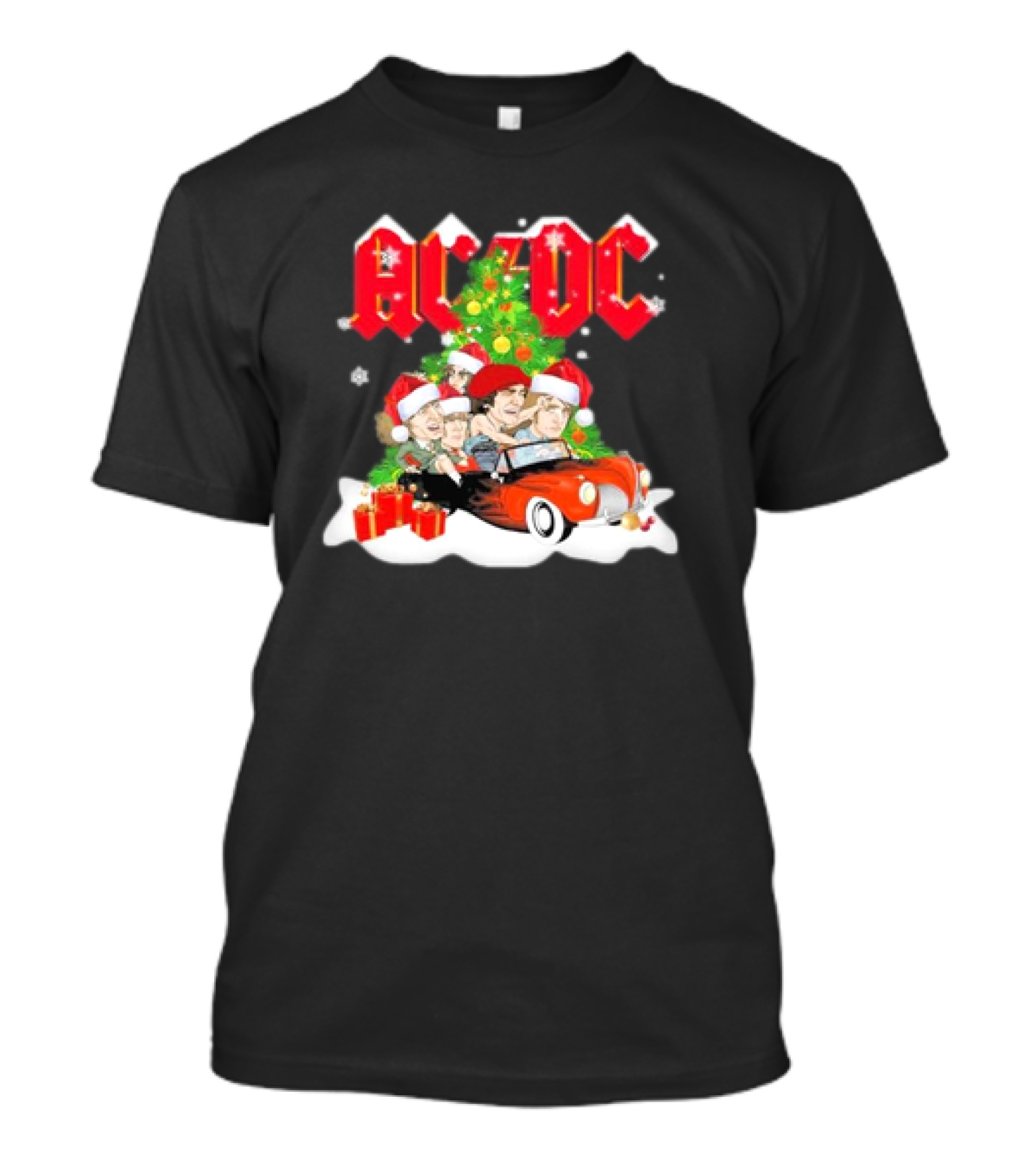 AC DC High Voltage Rock Band Christmas 2024 Festive Celebration With Santa Hats And Classic Car T-Shirt