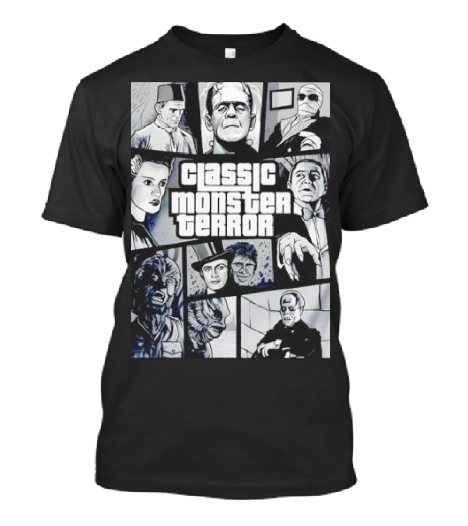 Classic Monster Terror Frankenstein Dracula Mummy Wolfman Bride Halloween T-Shirt