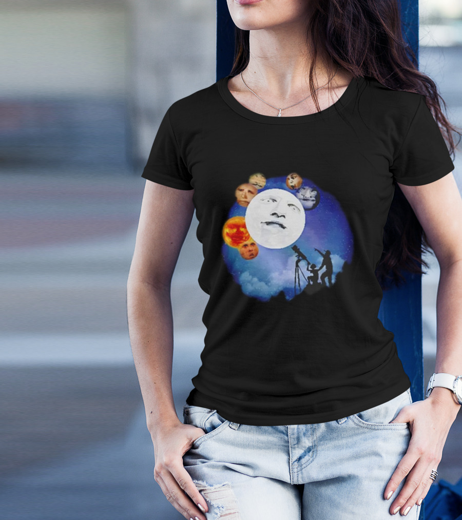 Man And Child Stargazing At Moon And Face Planets T-Shirt