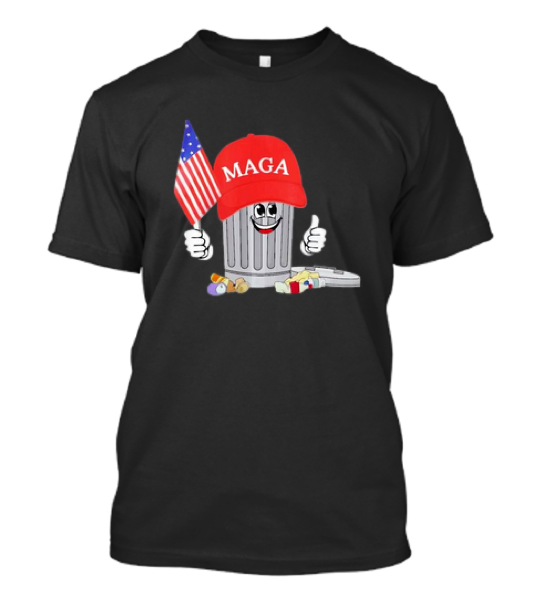 Trump MAGA Garbage Can Cartoon Character Holding American Flag T-Shirt