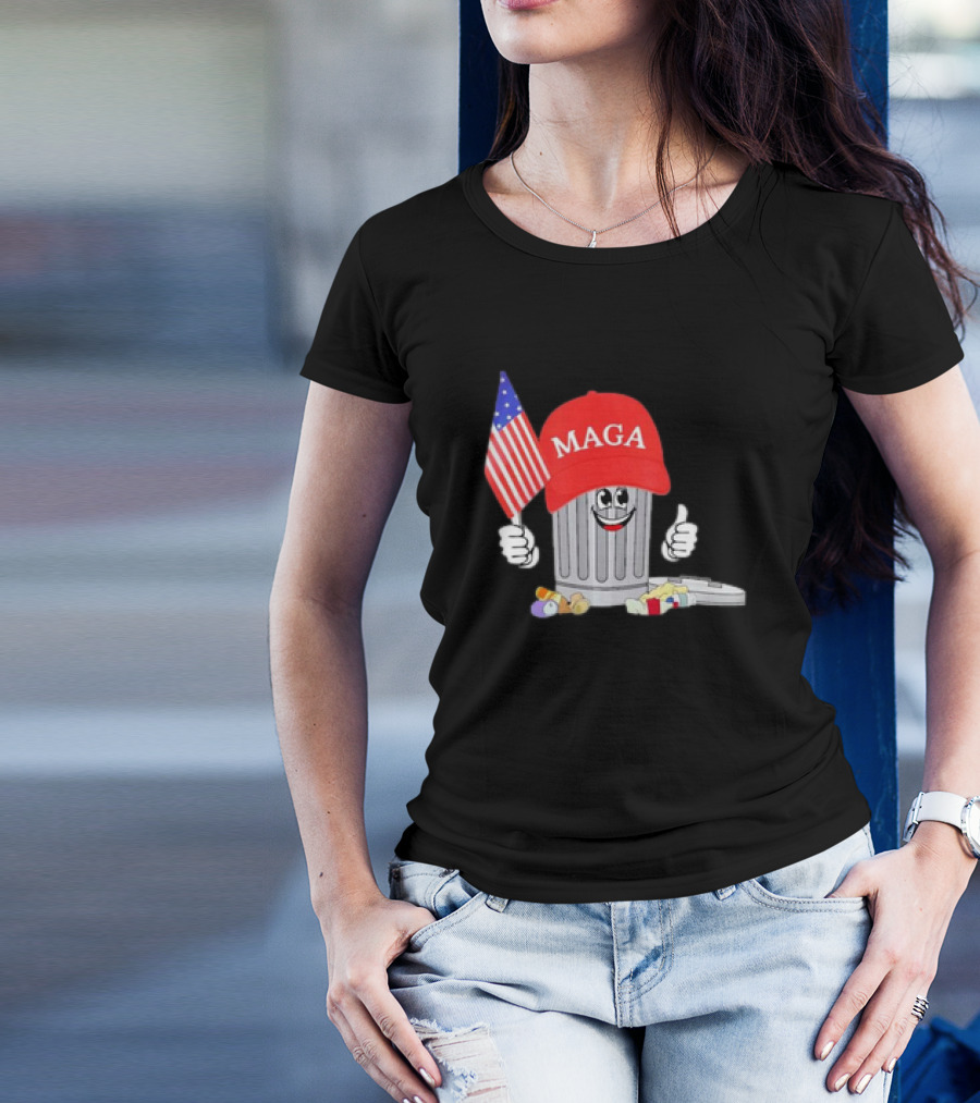 Trump MAGA Garbage Can Cartoon Character Holding American Flag T-Shirt