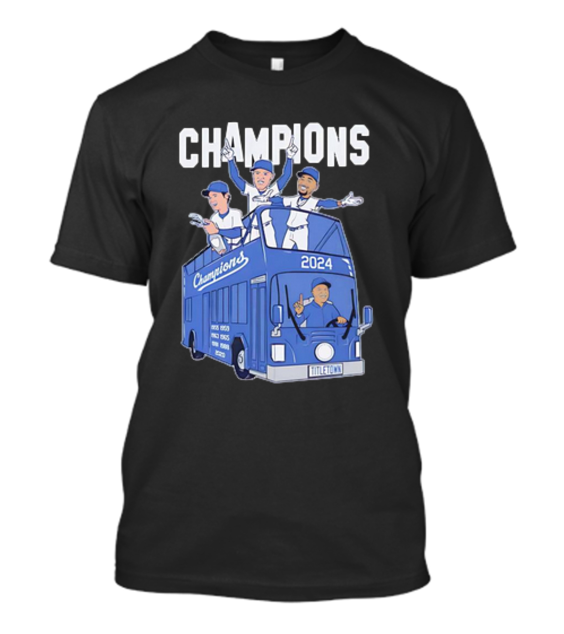 LA Dodgers Champions 2024 Caricatures Bus T-Shirt