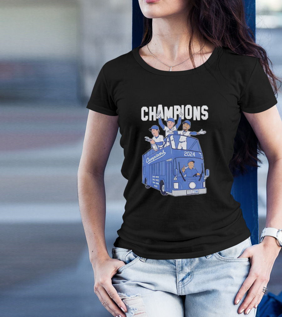 LA Dodgers Champions 2024 Caricatures Bus T-Shirt