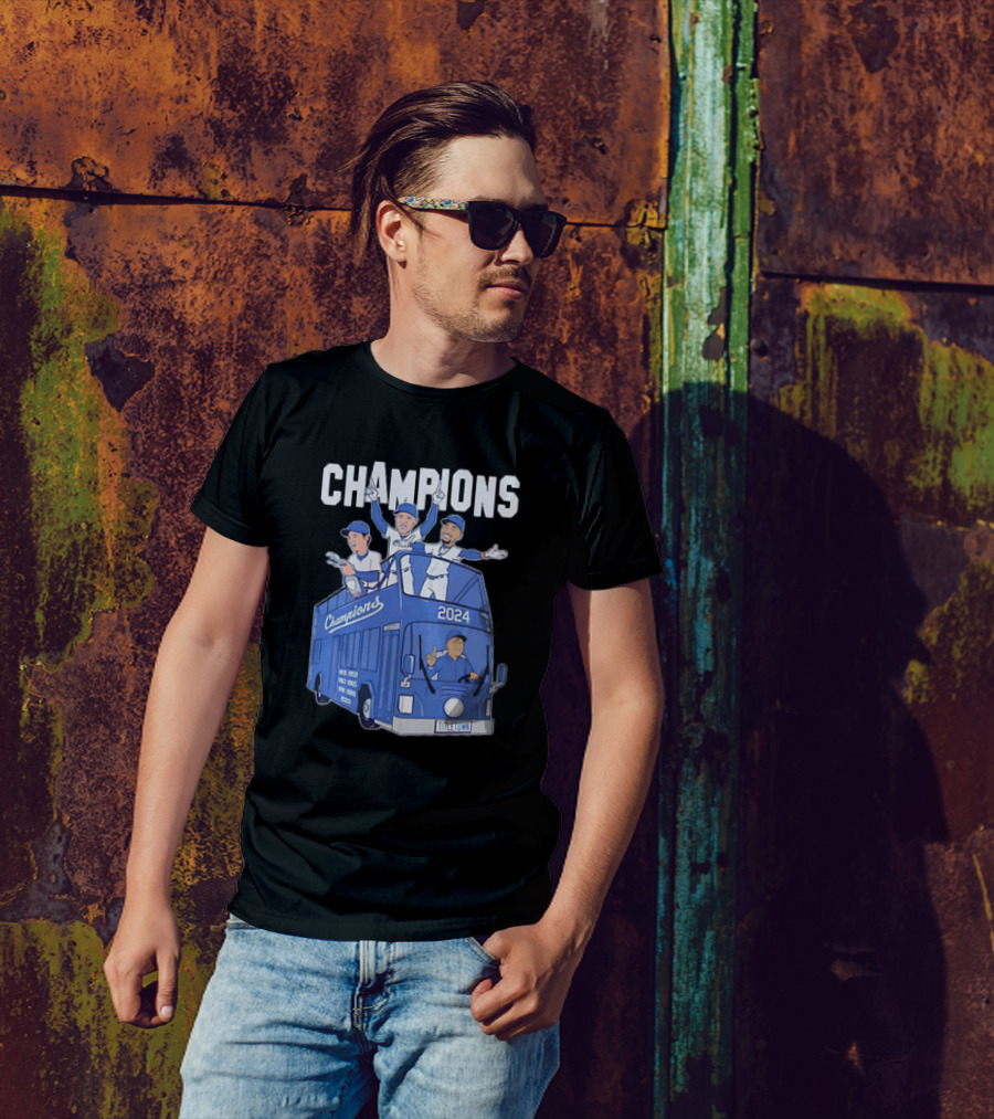 LA Dodgers Champions 2024 Caricatures Bus T-Shirt