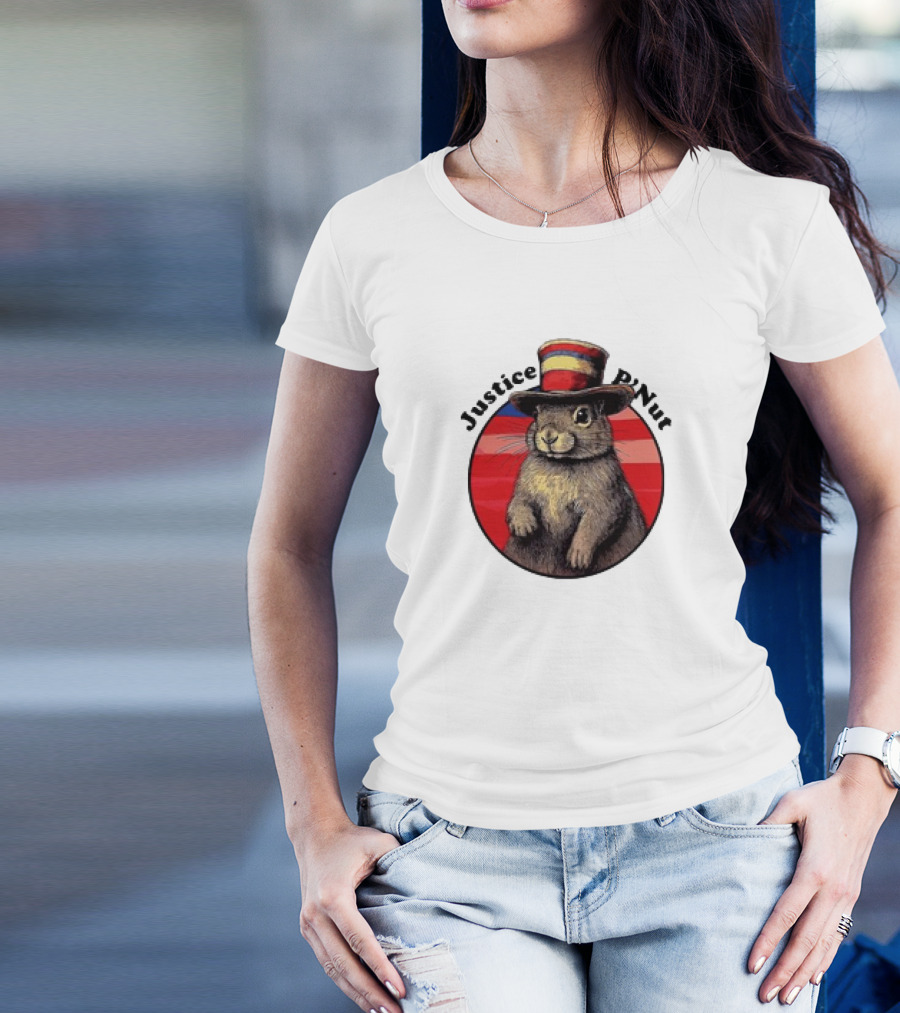 Justice P’Nut Squirrel Wearing Vintage Hat With Red Blue Stripes T-Shirt