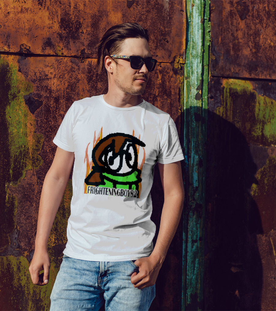 FRIGHTENINGBOY82 Leaf Pixel Art Character With Green Scarf And Flames T-Shirt