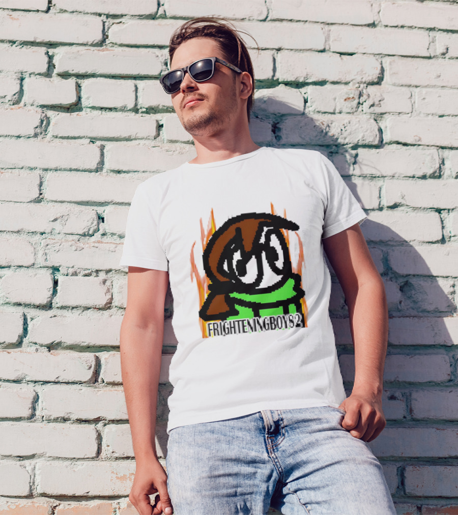 FRIGHTENINGBOY82 Leaf Pixel Art Character With Green Scarf And Flames T-Shirt
