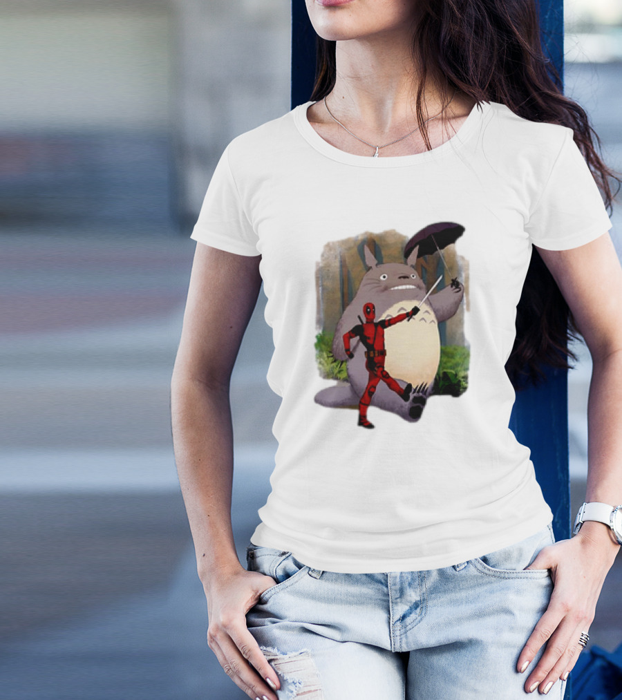 My Neighbor Totoro With Deadpool Funny Cartoon Mashup T-Shirt