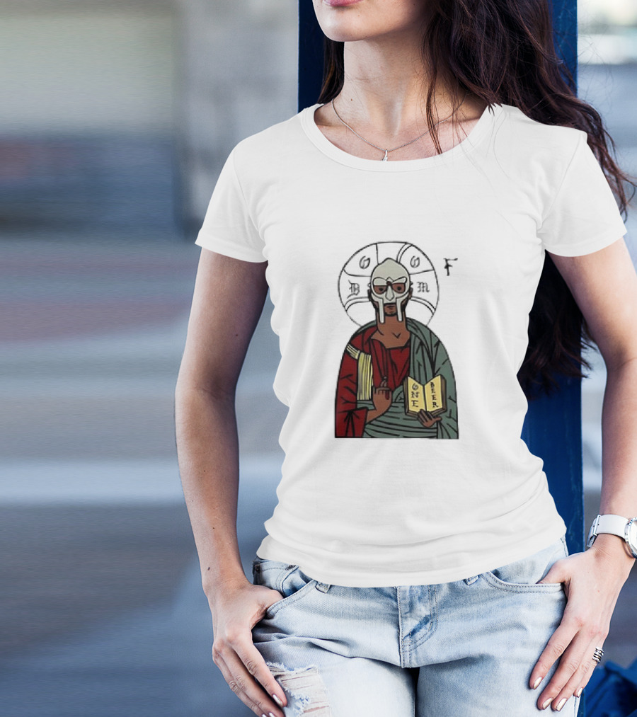 MF DOOM Cartoon Iconic Mask With Sacred Imagery And Open Book One Beer T-Shirt