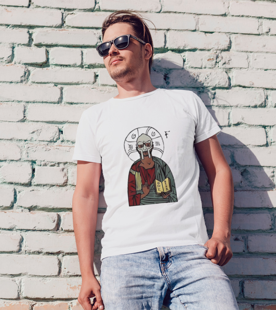 MF DOOM Cartoon Iconic Mask With Sacred Imagery And Open Book One Beer T-Shirt