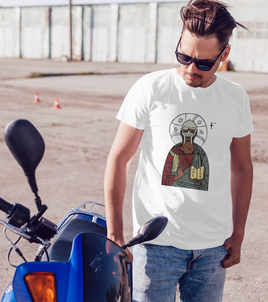 MF DOOM Cartoon Iconic Mask With Sacred Imagery And Open Book One Beer T-Shirt