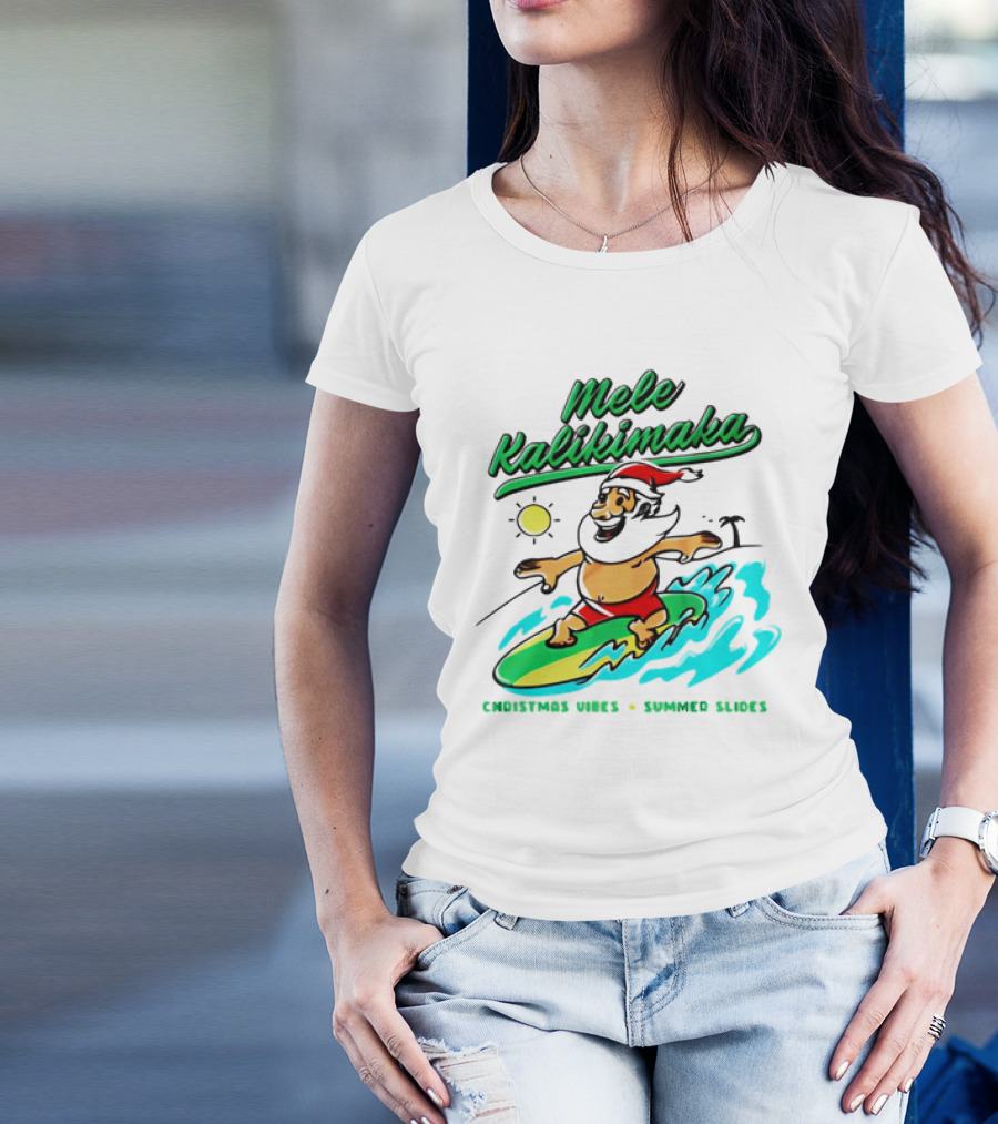 Mele Kalikimaka Santa Claus Surfing Christmas Vibes Summer Slides T-Shirt