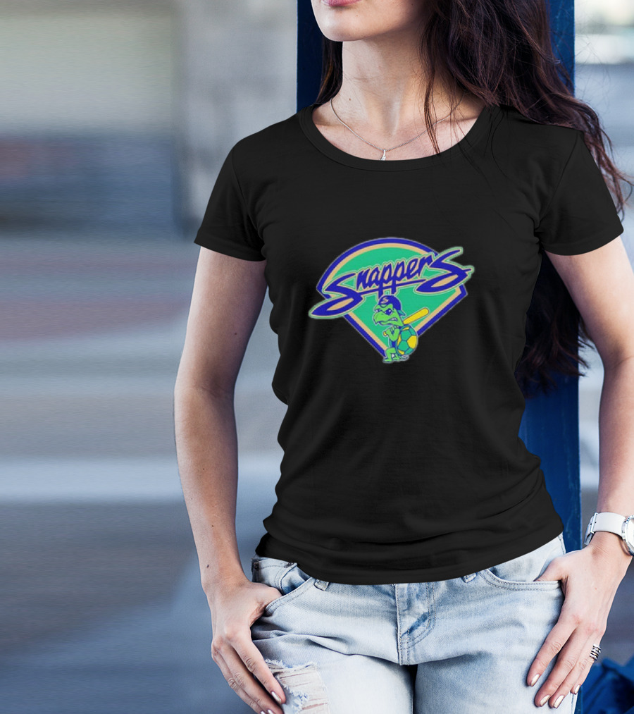 Snappers Baseball Turtle Mascot With Cap And Bat On Green Blue Badge T-Shirt