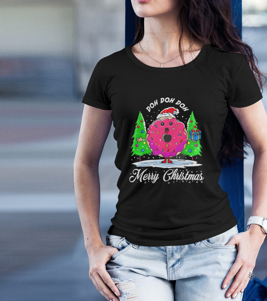 Doh Doh Doh Donut Santa Merry Christmas Snow Scene T-Shirt