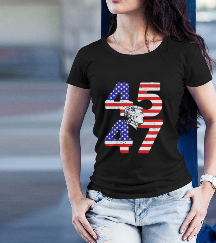 Patriotic 45 47 Trump Silhouette American Flag Theme Funny T-Shirt