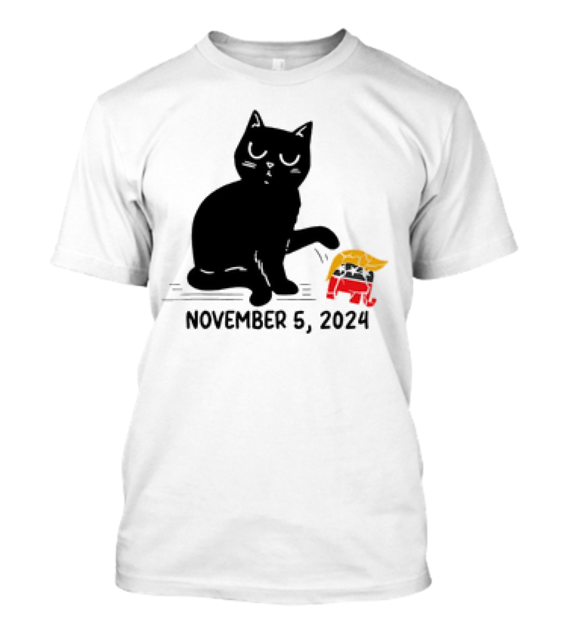 Black Cat Knocking Over Trump Hair Elephant November 5 T-Shirt