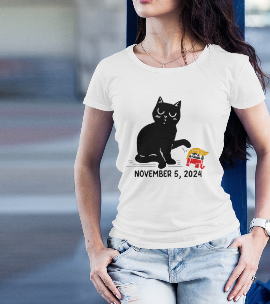 Black Cat Knocking Over Trump Hair Elephant November 5 T-Shirt
