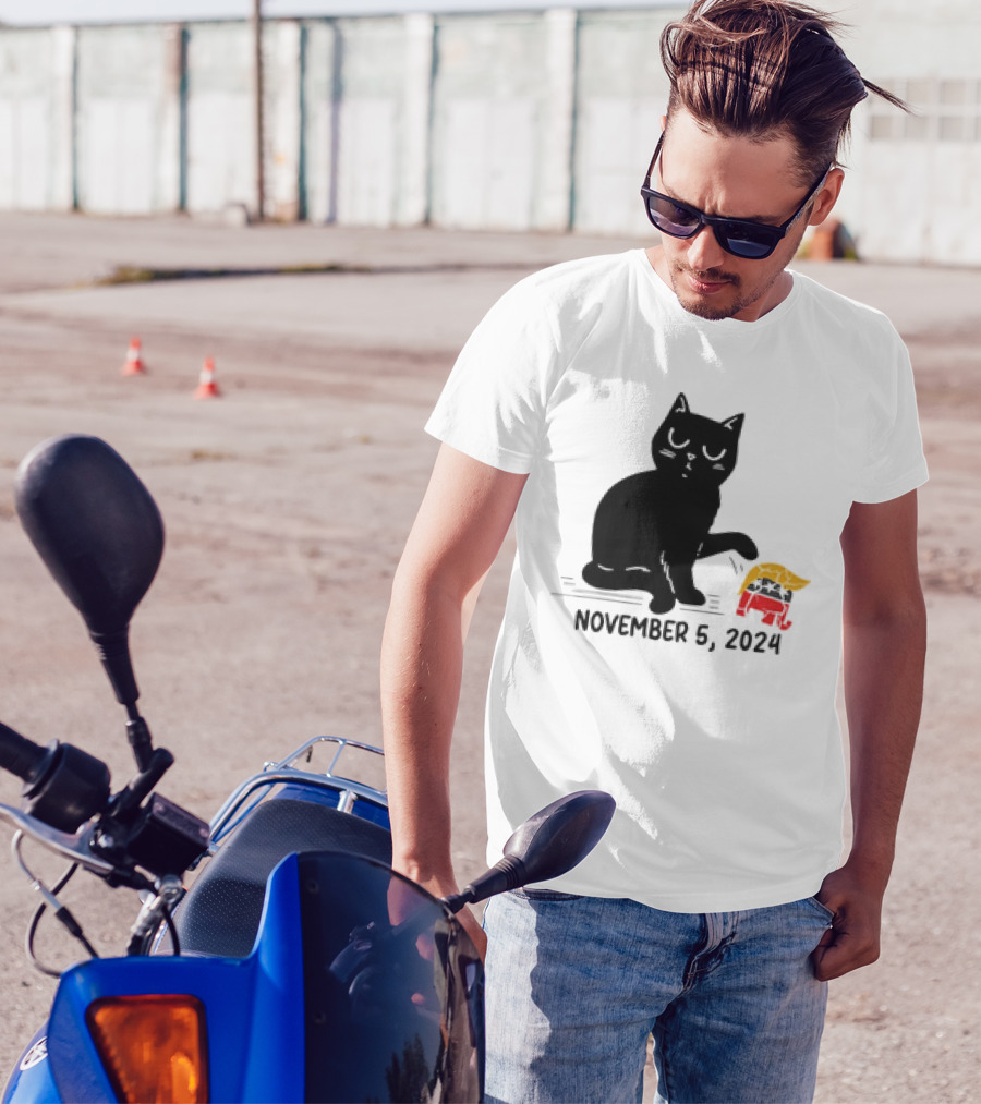 Black Cat Knocking Over Trump Hair Elephant November 5 T-Shirt