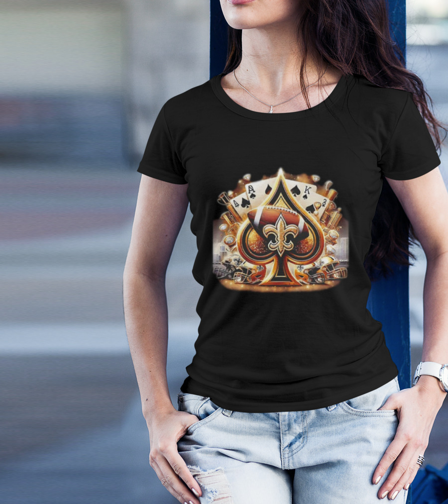 New Orleans Saints Gold Spade Football And Fleur-de-Lis With Playing Cards And Helmets T-Shirt
