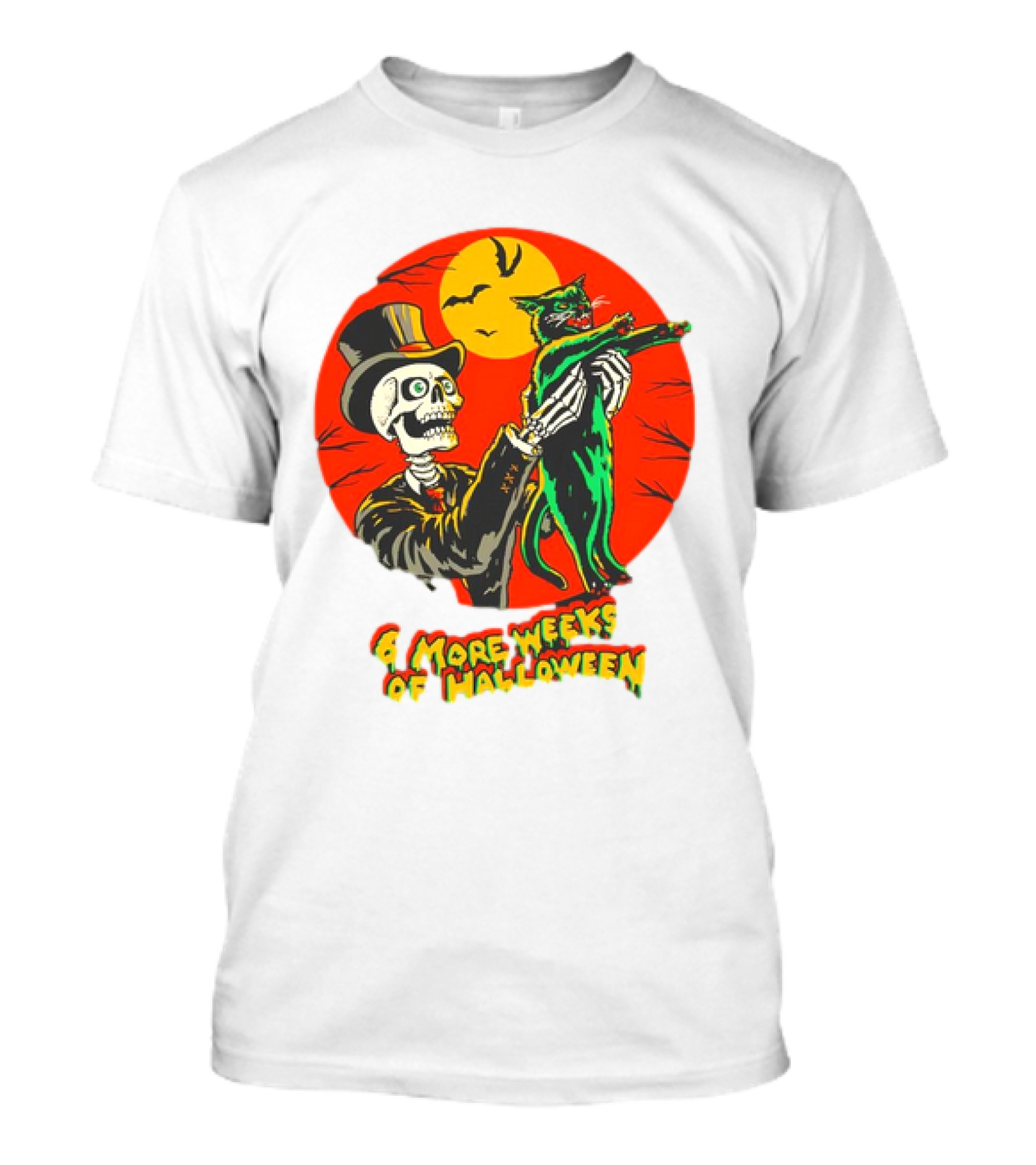 6 More Weeks Of Halloween Black Cat Day Skeleton And Moon T-Shirt