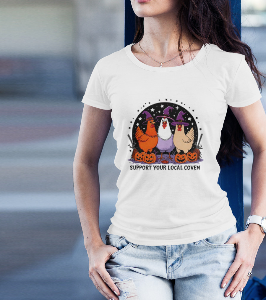 Support Your Local Coven Halloween Chicken Cartoon Trio With Witch Hats And Pumpkins T-Shirt