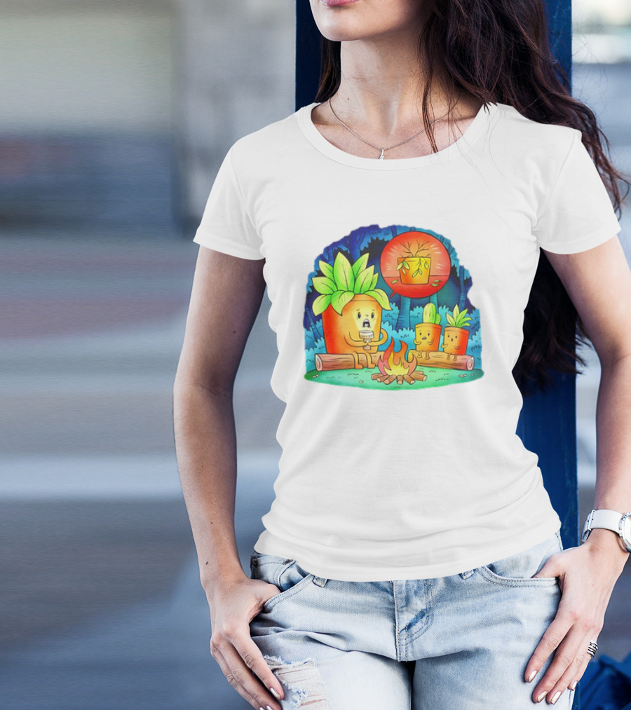 House Plants Gather Around Campfire Sharing Spooky Stories In The Woods T-Shirt