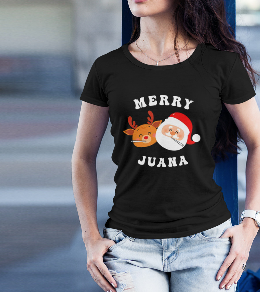 Merry Juana Christmas Santa And Reindeer Smoking Holiday Fun T-Shirt